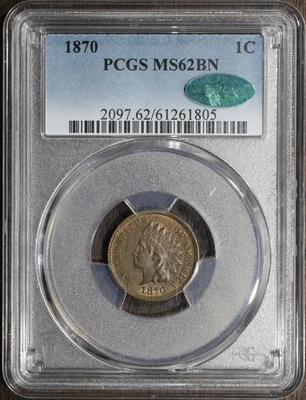 1870 (MS62BN CAC) Indian Head Cent 1C IHC PCGS - KEY Date - Image 1 of 4