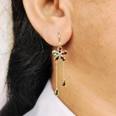 2.98 Ct Natural Tourmaline Dangler Earrings 14K Yellow Gold Teardrop Birthstone - Image 1 of 4