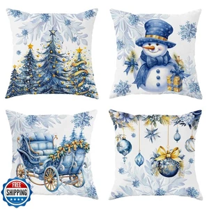 Samt Weihnachten Kissenbezüge 16x16, Blau Dekokissen 4er Set, Baum Snowma - Bild 1 von 5