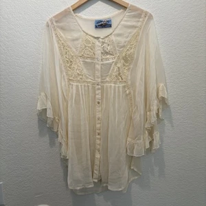 Tienda Ho Prarie Blouse Womens One Size Ivory Cream Lace Ruffles Sheer Boho - Picture 1 of 15