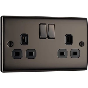 BG Nexus Metal 2 Gang Switched Socket 13A Black Nickel Black Inserts DP - Picture 1 of 8