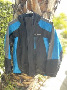 Columbia Hooded Windbreaker Jacket Youth Size 10 Black Colorblock Double Zipper - Picture 1 of 11