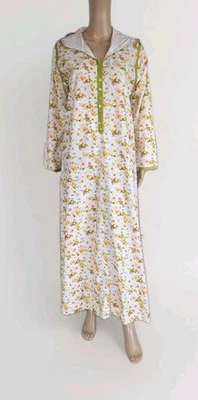 Damen Langarm Djellaba Kaftan Blumen Muster Baumwolle Maxikleid Mit Kapuze Gr.L - Bild 1 von 4