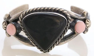 Navajo Sterling Silver Bracelet with Onyx and Pink Conch by Chimney Butte - Picture 1 of 3