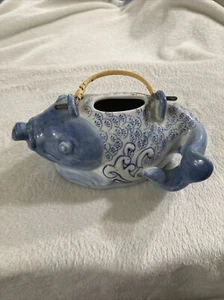 Vtg Fish Shaped Koi Blue White Teapot Ceramic Hand Painted *Missing Lid-*READ - Picture 1 of 6