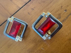 Signed Lanvin Couture Ruby Red Crystal & Rhinestone Clip on Earrings - Picture 1 of 9