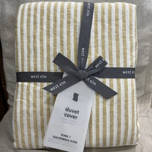 West Elm European Linen Duvet Dijon yellow stripe King Horseradish 2 euro shams - Picture 1 of 4