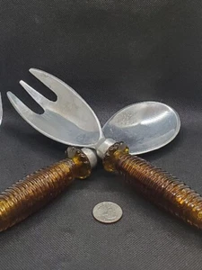 Vtg. MCM Metal Serving Fork & Spoon With Plastic Amber Handles - Picture 1 of 9