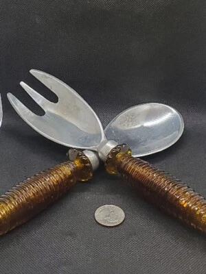 Vtg. MCM Metal Serving Fork & Spoon With Plastic Amber Handles - Image 1 of 4
