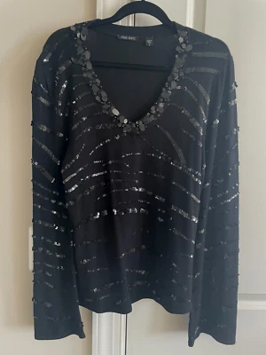 Venini Nights Black Knit Long Sleeve Sweater w Sequins V-Neck - SZ L - Image 1 of 4