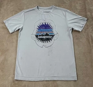 Patagonia Boys youth T Shirt Sz M10 Gray Short Sleeve capilene rew Neck Logo-stn - Picture 1 of 9