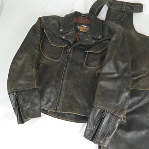 Vintage Harley Davidson Billings Distressed Leather Jacket XL & Matching Chap XL - Picture 1 of 17