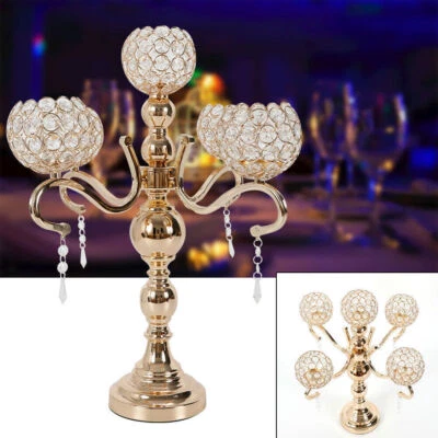 Moderno candelabro de cristal de 5 brazos centros de mesa de boda de lujo portavelas dorado Foto 1 de 4