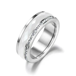 Luxus Ring Keramik Edelstahl Zirkonia Kristalle  6 mm Weiß Silber Größenauswahl - Bild 1 von 2
