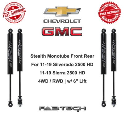 Amortiguadores traseros delanteros monotubo Fabtech Stealth para Silverado Sierra 2500HD con elevación de 6" Foto 1 de 4
