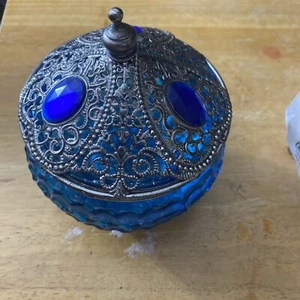 Decorative Blue Glass Bowl Thumb Print Design with Silver Metal Lid Blue Gems - Picture 1 of 7