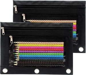 Pencil Pouch 3 Ring Binder Pouch Zippered Pencil Case Canvas Pencil Bag with 2 C - Picture 1 of 7