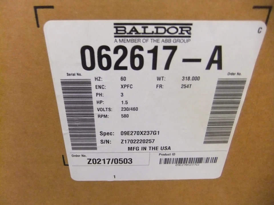 Baldor Industrial Motor 1.5 HP, 580 RPM, 230/460 volt, 254T frame, TEFC-XP - Image 1 of 1