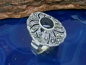 Marcasita 925 Anillo de Plata de Ley Tamaño 58 Piedra Negro Vintage Mujer - Imagen 1 de 5