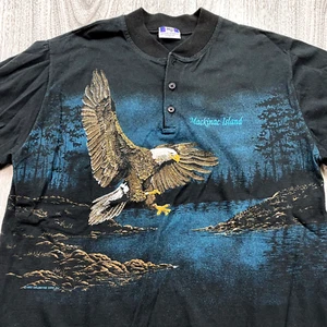 Vintage Mackinac Island Eagle Print Shirt Men's L Front & Back Graphics 3 Button - Picture 1 of 6