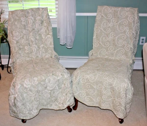 2 Sure Fit Slipcovers Long Dining Chair Cover Olive Green Floral Swirls Pattern - Picture 1 of 7
