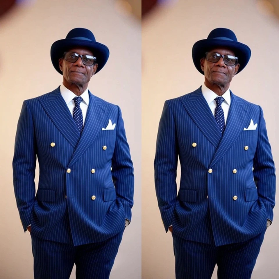 Trajes de hombre a rayas azules doble pecho pico solapa formal boda novio esmoquin Foto 1 de 4