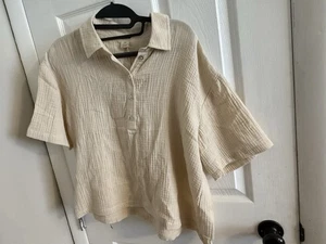 Magaschoni NWT Organic Cotton Gauze Button Up Lightweight Top Sand Women's Small - Picture 1 of 9