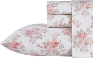 Laura Ashley 100% Cotton Flannel Sheet Set QUEEN Bed Flat Fitted 4 Pc Pink Roses - Picture 1 of 16