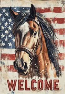 Patriotic Horse Rustic Welcome Burlap Garden Flag Double Sided 12"x 18" - Picture 1 of 4