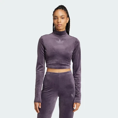 adidas Originals Women Long Sleeve Rhinestone Trefoil Velvet Crop Top IZ0378 - Image 1 of 4
