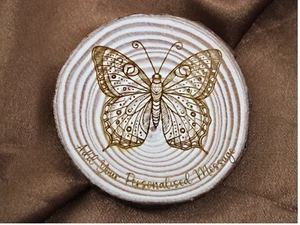 Round Personalised Handmade Butterfly Engraved Wood Slice Coaster - Picture 1 of 5