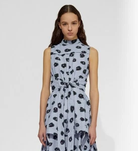 PROENZA SCHOULER Pale Blue Leopard Ikat Print Tie Front Waist Crepe Top 10 US - Picture 1 of 12