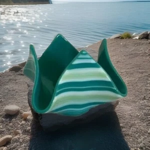 Glass Handkerchief Votive Candle Holder Teal and White Swirl Signed - Picture 1 of 6