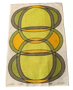 FINGAL Vintage NOS Irish Linen Tea Towel MCM Geometric Green Yellow Gray - Picture 1 of 6