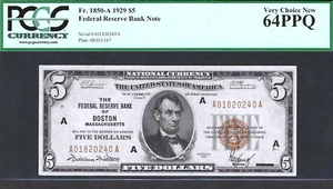 1929 $5 FEDERAL RESERVE BANKNOTE ~ BOSTON, MASS ~ PCGS VERY CHOICE NEW 64 PPQ - Picture 1 of 2