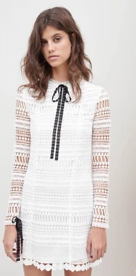 Alexis Braelynn Lace Bow Neck Mini Dress White Size Large Long Sleeve Black Bows - Image 1 of 4