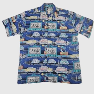 VTG Bluewater Wear Men XL Sharks Classic Cars Hawaiian Button USA Rayon/Cotton - Picture 1 of 15