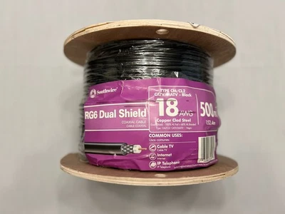 Southwire 500 Ft. 18 RG6 Dual Shield CU CATV CM/CL2 Coaxial Cable In Black - Image 1 of 3