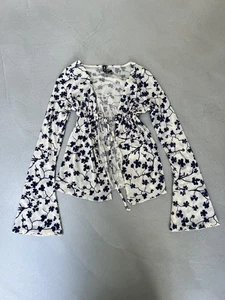 Urban Outfitters Motel Gerbera Flocked Mesh Tie Front Top. White/Blue. Small. - Picture 1 of 6