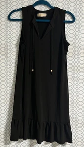 EUC MICHAEL KORS TIE KEY NECK SLEEVELESS RUFFLE TRIMBLACK SHIFT DRESS SIZE M - Picture 1 of 4