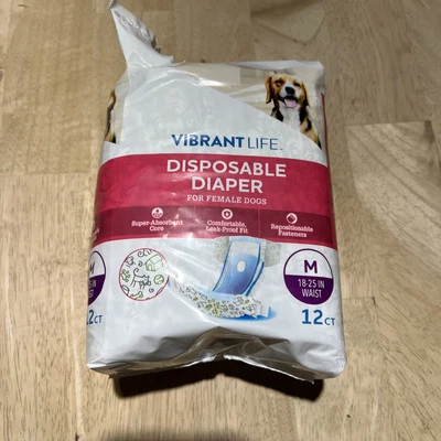 12 одноразовых подгузников для собак женского пола Vibrant Life средний размер талия 18–25 дюймов ОТКРЫТАЯ упаковка - Изображение 1 из 4