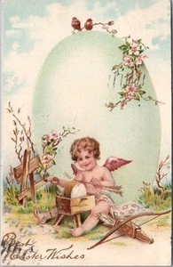 Vintage 1907 EASTER Postcard CUPID / Cherub Angel Sharpening Arrow / Blue Egg - Bild 1 von 2