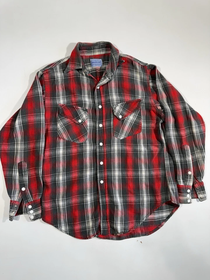 Vtg 50s 60s Sears Slant Pocket Cotton Flannel Red Black Plaid RARE Western - Image 1 of 4