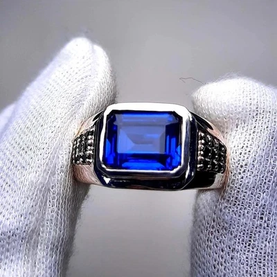 Anel de noivado masculino de safira prata esterlina 925/10k/14k ouro maciço - Imagem 1 de 4