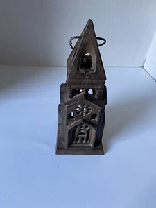 Vtg Cathedral Church Tower Cast Iron Tea Candle Holder Hanging Lantern 10 1/2" - Picture 1 of 5