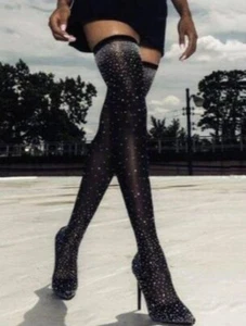 CrystalRhinestone Thigh high Stretch Stiletto Boots size 36. Pointed toe. High - Picture 1 of 10