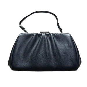 Vintage gerahmt schwarz Leder Druckknopfverschluss 50er 60er Handtasche Umhängetasche Day Bag - Bild 1 von 13