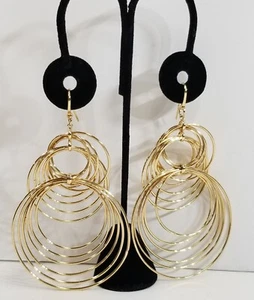 Earrings Dangle Drop Multiple Hoop Slinky Polished Gold Tone Wire Metal Pierced - Picture 1 of 8