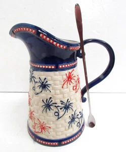 Temp-Tations New 2 Qt Red White Blue Basket Weave Floral Lace Pitcher & Spoon - Picture 1 of 9
