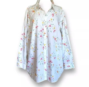 Lands End Button Up Shirt Womens Sz 18 White Floral Non Iron Supima Cotton Top - Picture 1 of 9